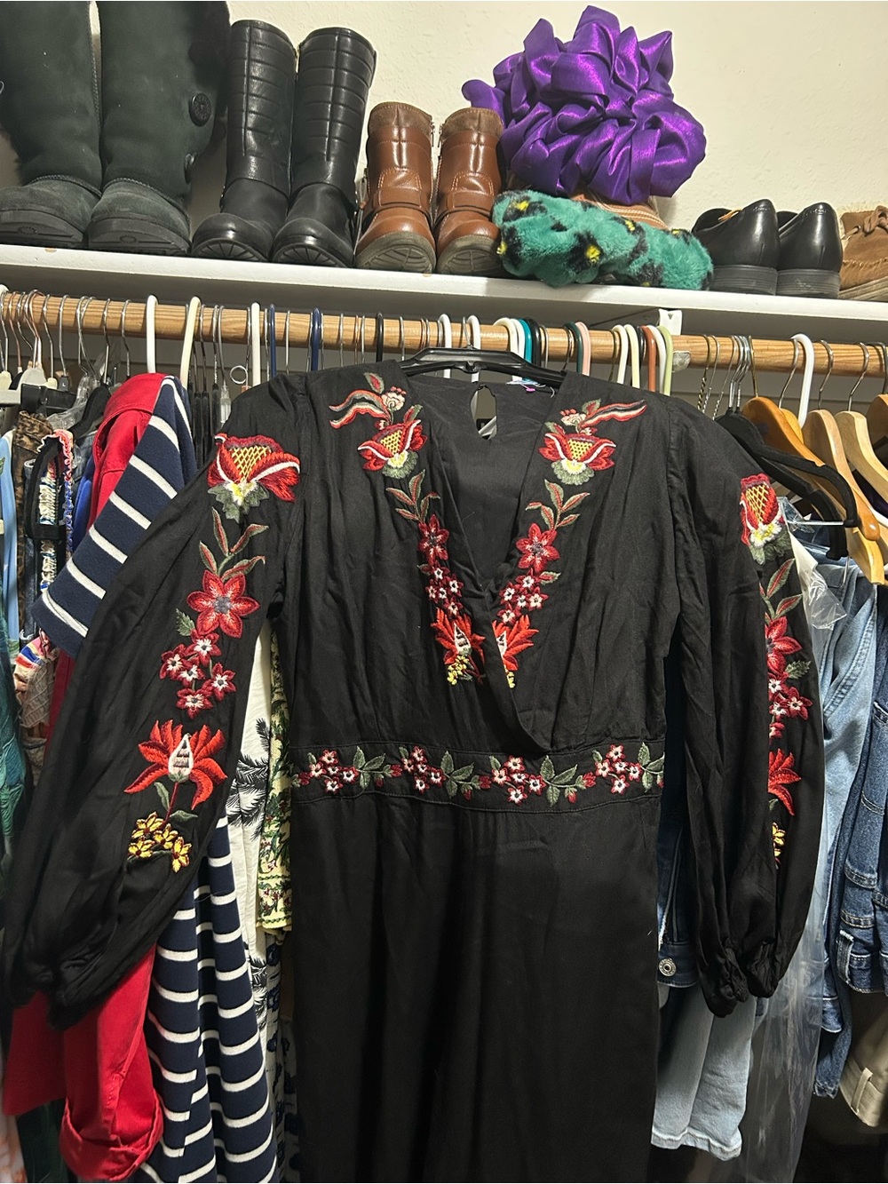 Farm Rio Embroidered V-Neck Black Jumpsuit with Floral Waist Detail - Picture 2 of 3